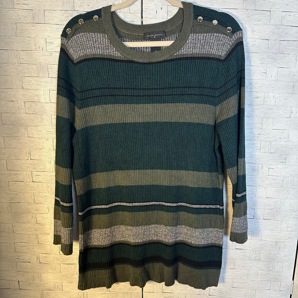 Investment women's sweater  button shoulder crewneck striped electric grandma